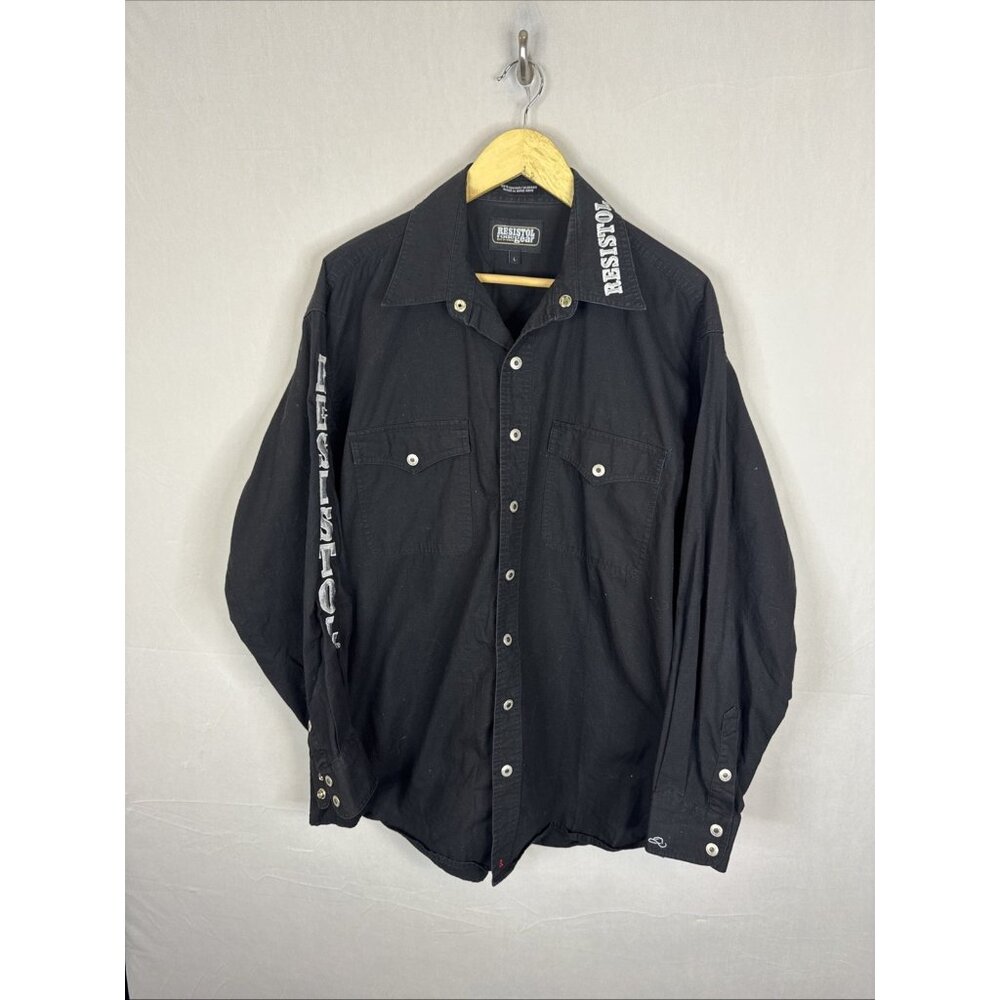 Vintage Resistol Ripstop Rodeo Gear Western Shirt Black Snap Men L Spellout